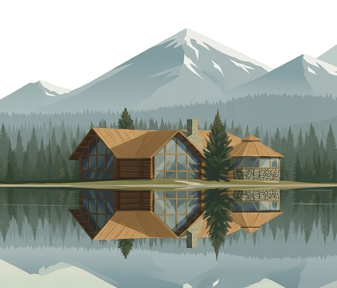 Mountain lakehouse daytime scene