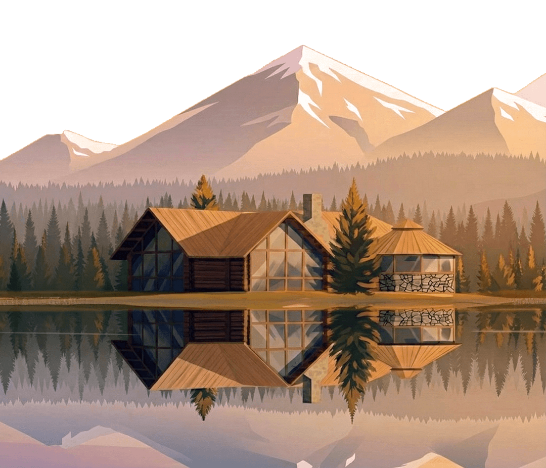 Mountain lakehouse dusk scene